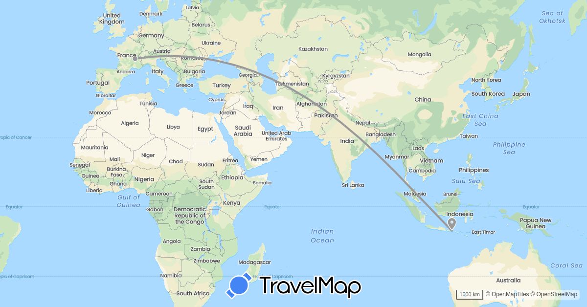 TravelMap itinerary: driving, plane in France, Indonesia (Asia, Europe)